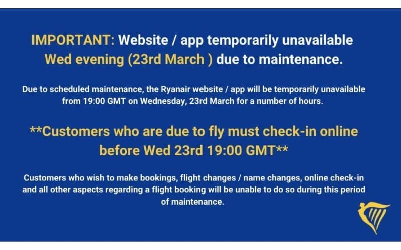 Ryanair website en app voor onderhoud uit de lucht! (UPDATE)