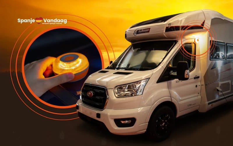 Hoe moet het verplichte V-16 noodsignaal op een kampeerauto geplaatst worden in Spanje?