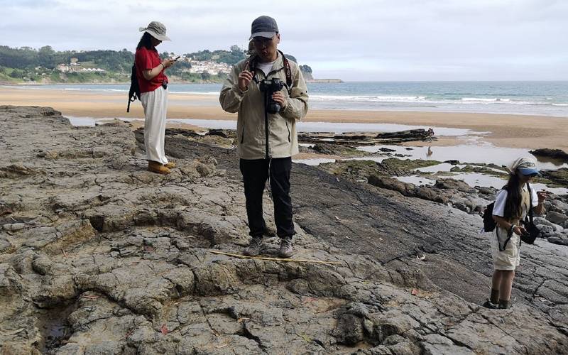Zonnen tussen de voetafdrukken van dinosaurussen aan de kust van Asturië
