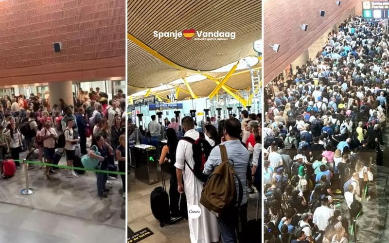 Lange wachtrijen op luchthaven Madrid door storing en personeelstekort