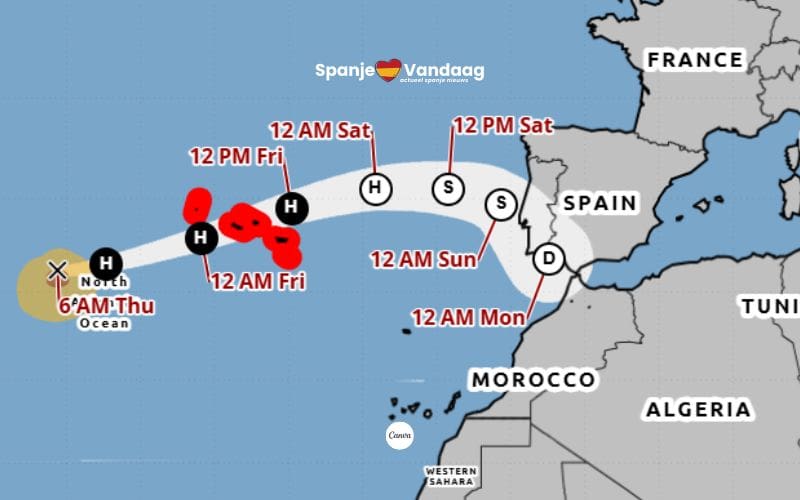 Orkaan Gabrielle bereikt dit weekend Spanje als zware storm
