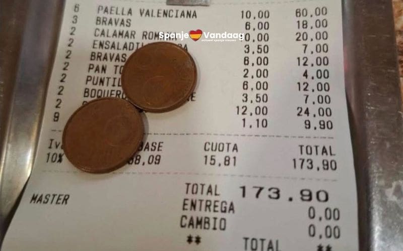 Klant in Spaans restaurant laat 10 cent fooi achter op rekening van 174 euro