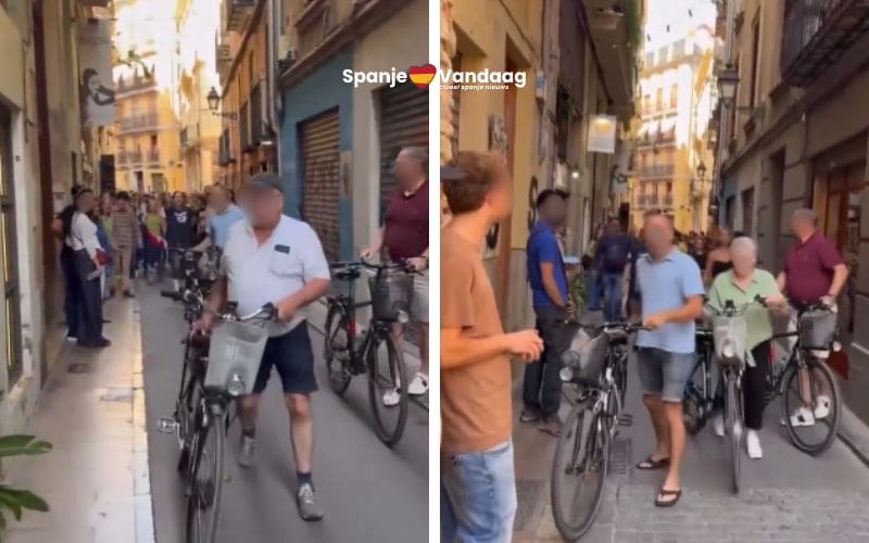 Luidruchtige fietsende Nederlandse toeristen worden straat in Valencia uitgepest