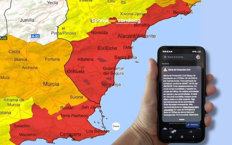 Rood alarm voor extreme regen in Alicante en Murcia met ES-Alert in de regio Valencia