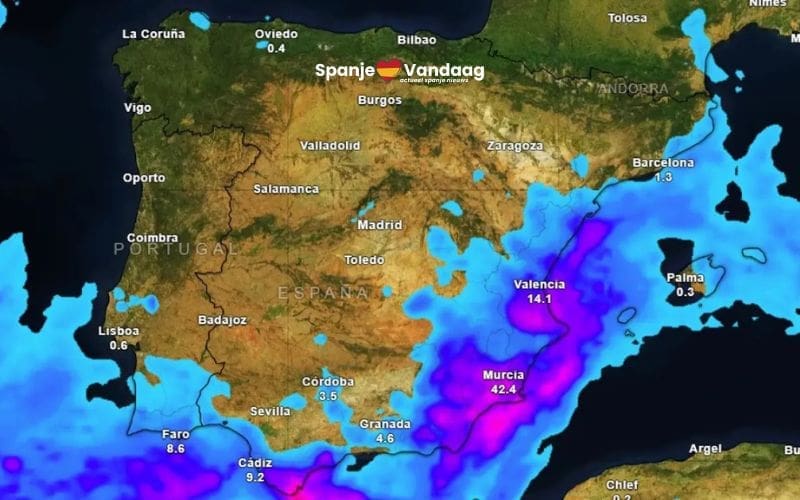 Zware regen en rood alarm in Valencia-regio en provincie Almería op zondag