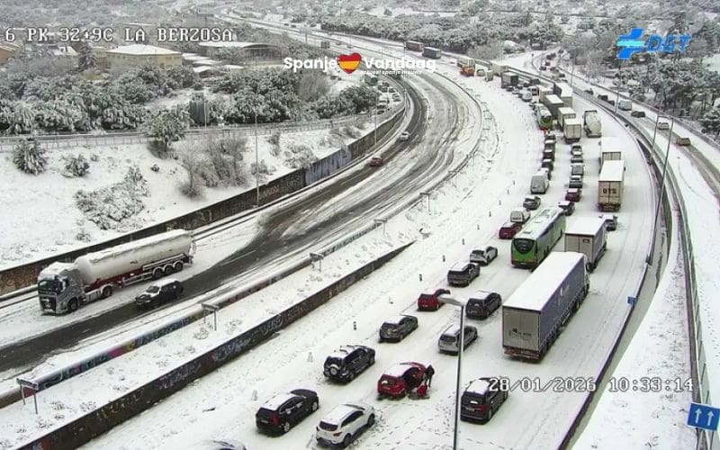 Sneeuw legt snelweg bij Madrid plat waardoor honderden automobilisten vastzaten